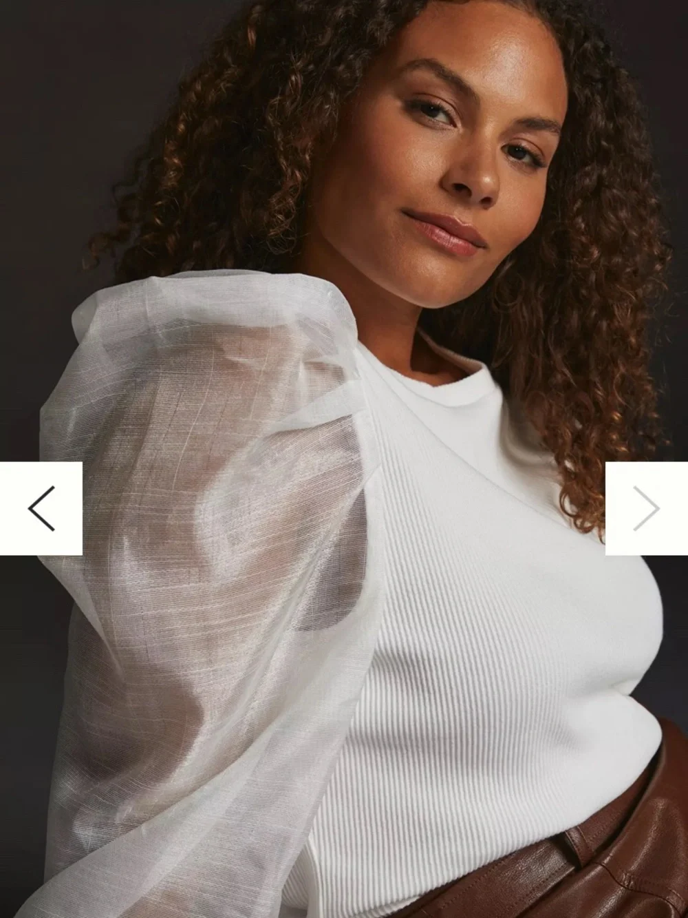 Anthropologie White Ribbed Top with Sheer Puff Sleeves Size L Never Worn